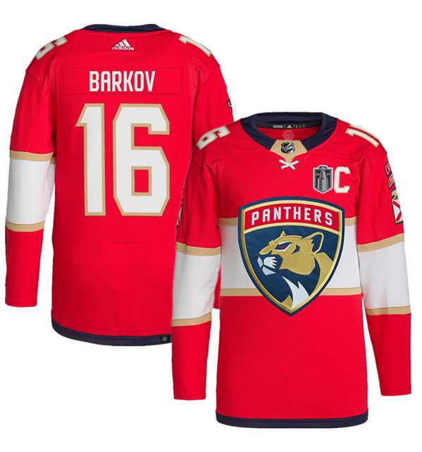 Mens Florida Panthers #16 Aleksander Barkov Red 2024 Stanley Cup Final Patch Stitched Jersey Dzhi